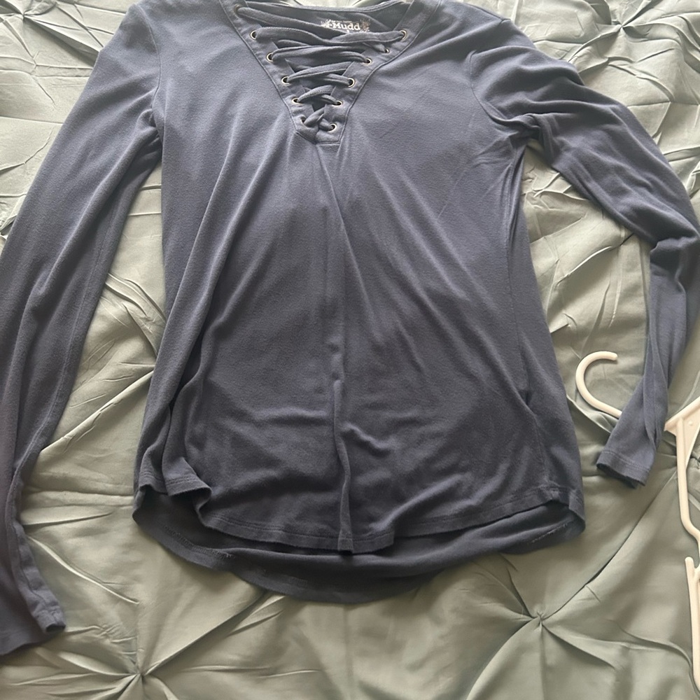 Women's Lace-Up Long Sleeve Top - bluish Gray